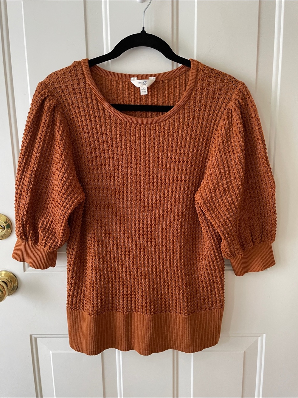 Terra & Sky Waffle Knit Puff-Sleeve Sweater - Rust Orange Size 4X